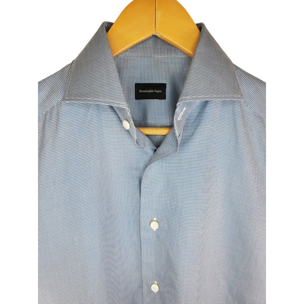 Ermenegildo Zegna Men's Dress Shirt 14.5 37 Blue Micro Check Long Sleeve